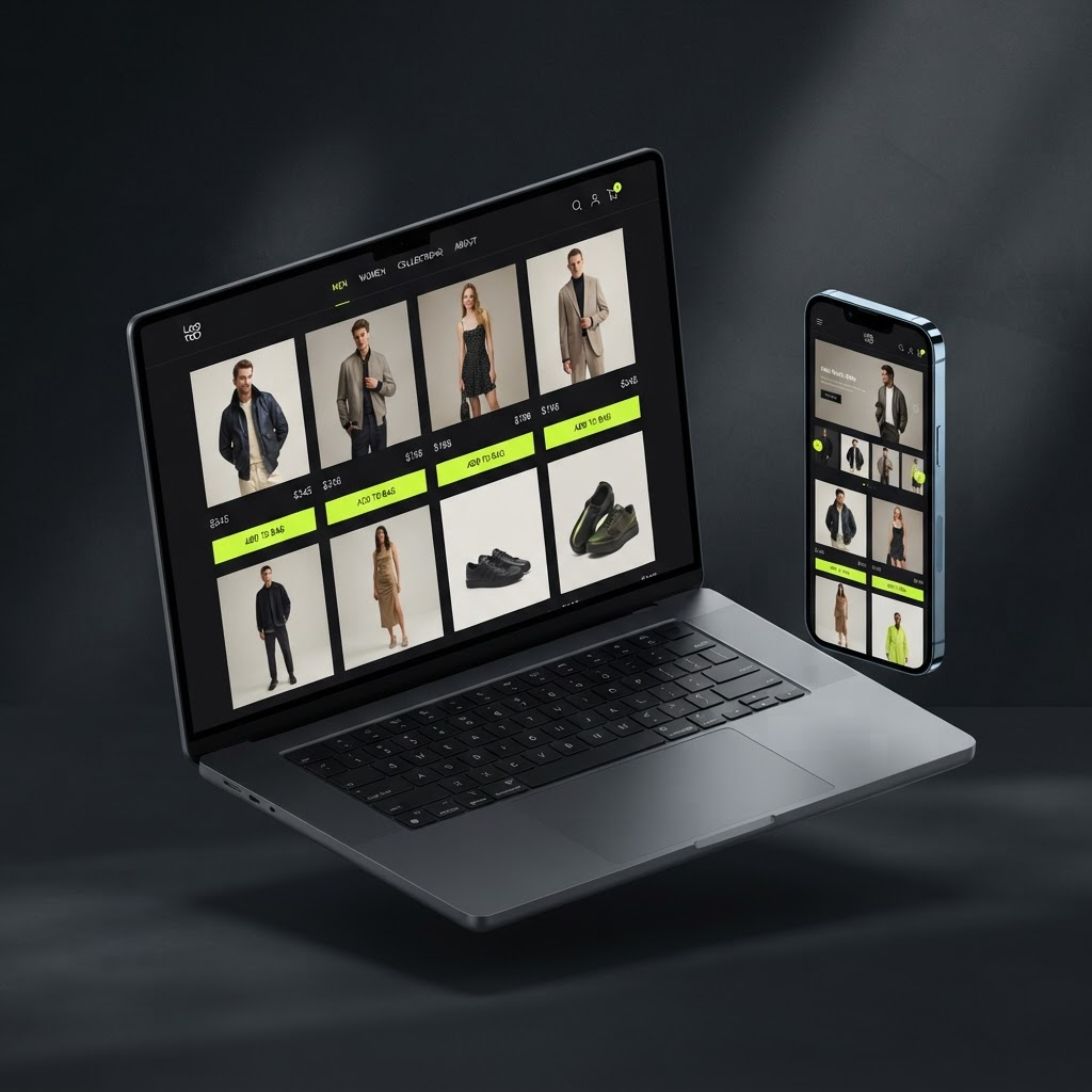 Mockup de uma loja virtual moderna em laptop e celular
